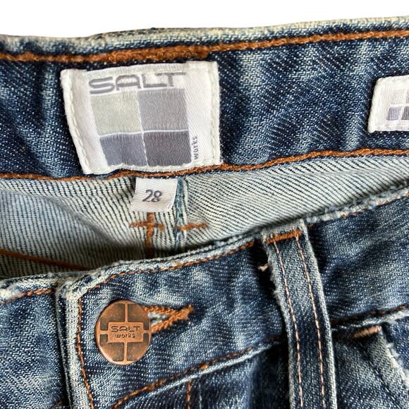 Salt Works Sz 28 Vtg Y2K Low Rise Flare Jeans Usa Made Vintage Wash Flap Pockets - Picture 9 of 16